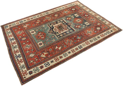 Corner detail of 1900s Kazak rug showing border pattern and Wool pile