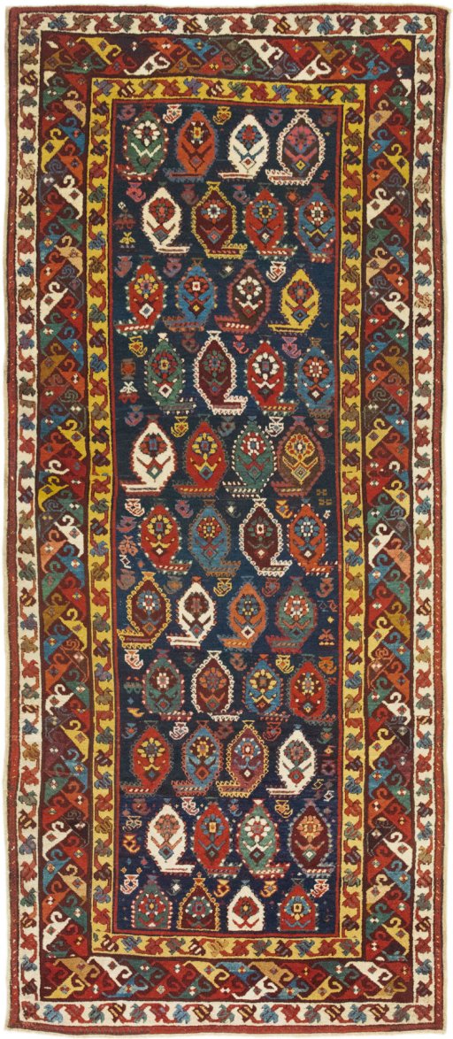 Full view of 1900s Kazak rug from Armenia, 275 × 114 cm in Dark blue tones