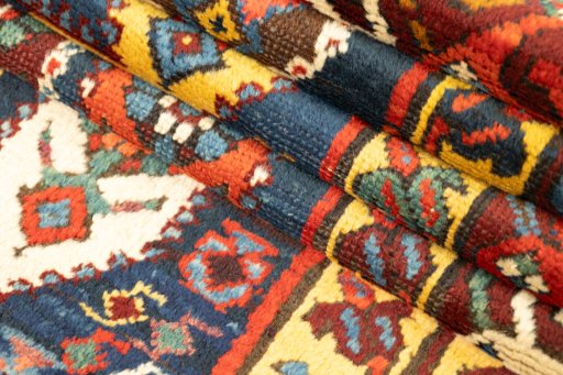 Close-up detail of 1900s Kazak rug from Armenia showing Wool weave