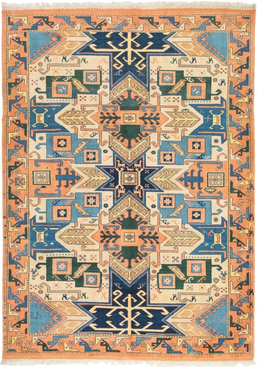 Full view of New Kazak rug from Armenia, 236 × 172 cm in Multi Color tones