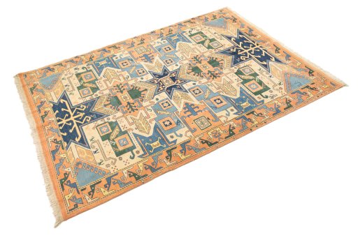 Corner detail of New Kazak rug showing border pattern and Wool pile