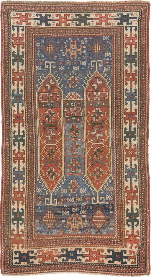 Full view of 1900s Kazak rug from Armenia, 215 × 115 cm in Blue tones