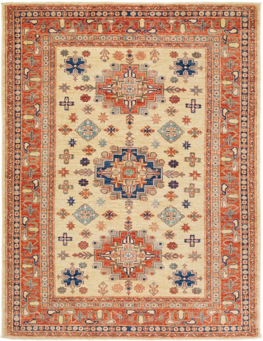 Full view of New Kazak rug from Pakistan, 240 × 168 cm in Cream tones