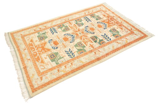 Corner detail of New Kazak rug showing border pattern and Wool pile