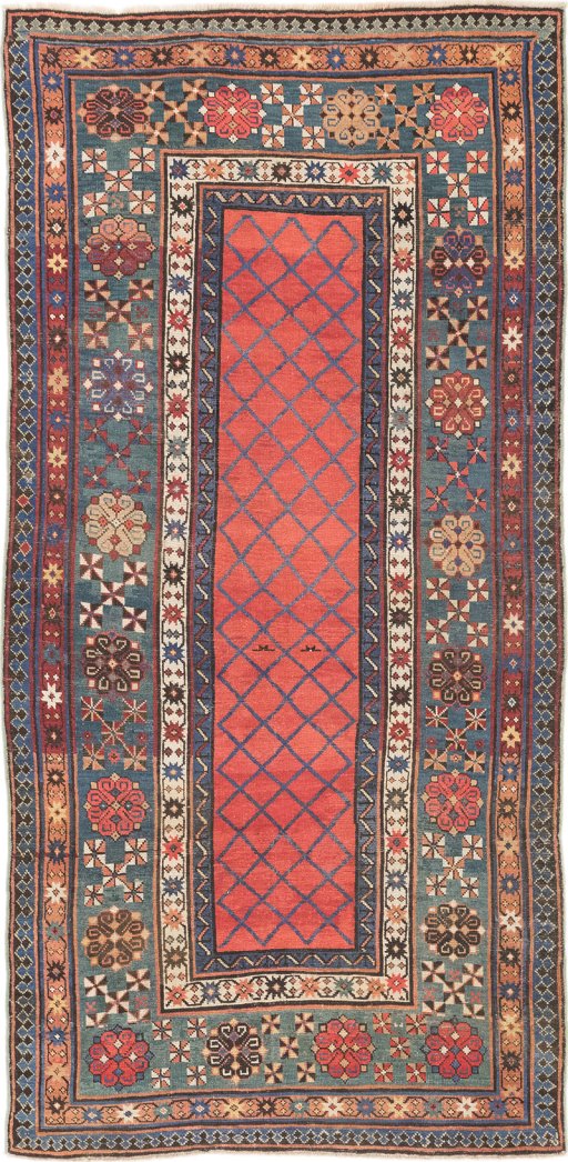 Full view of 1900s Kazak rug from Armenia, 257 × 122 cm in Multi Color tones