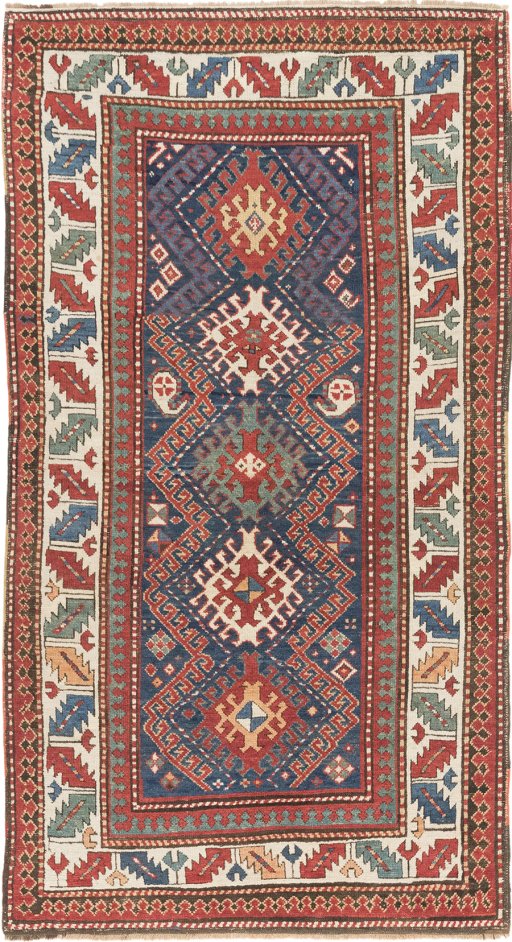Full view of 1880s Kazak rug from Armenia, 227 × 127 cm in Dark blue tones
