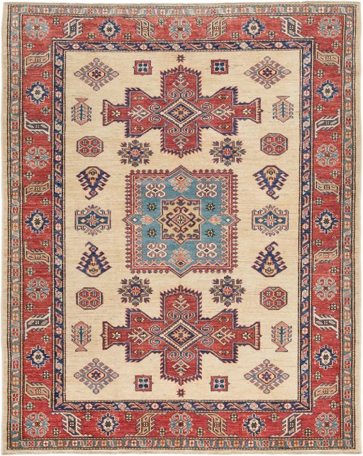 Full view of New Kazak rug from Pakistan, 194 × 155 cm in Cream tones