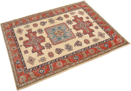 Corner detail of New Kazak rug showing border pattern and Wool pile
