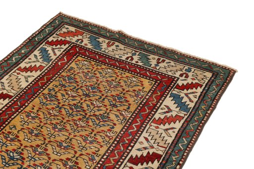 Surface texture of 1900s Kazak rug with natural Wool and intricate pattern