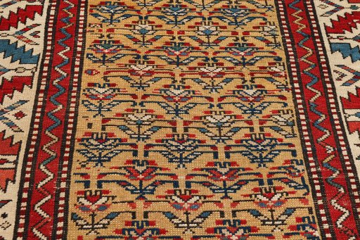 Close-up detail of 1900s Kazak rug from Armenia showing Wool weave