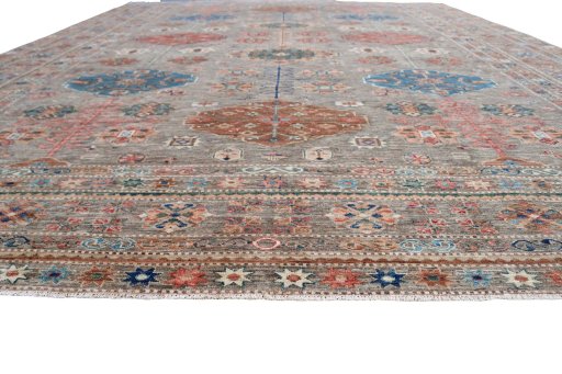 Corner detail of New Kazak rug showing border pattern and Wool pile