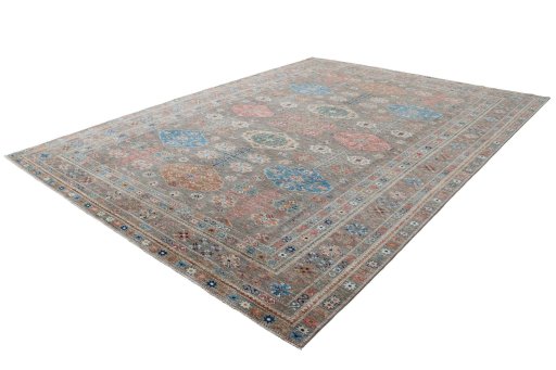 Corner detail of New Kazak rug showing border pattern and Wool pile