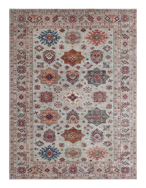 Full view of New Kazak rug from Pakistan, 367 × 274 cm in Multi Color tones