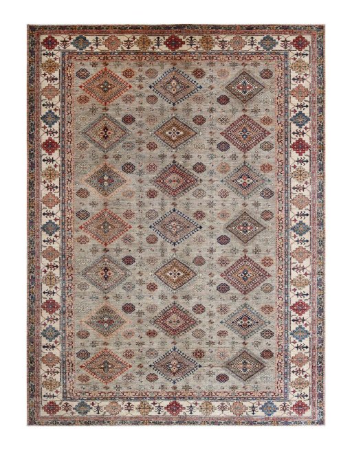 Full view of New Kazak rug from Pakistan, 376 × 280 cm in Multi Color tones