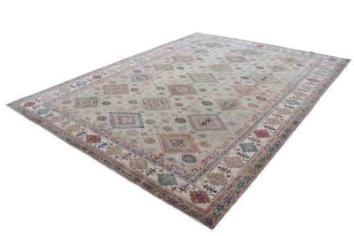Corner detail of New Kazak rug showing border pattern and Wool pile