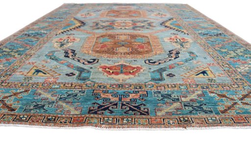 Corner detail of New Kazak rug showing border pattern and Wool pile