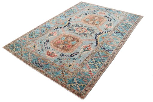 Corner detail of New Kazak rug showing border pattern and Wool pile
