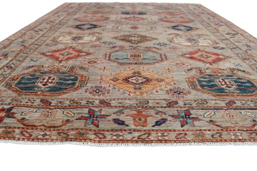 Corner detail of New Kazak rug showing border pattern and Wool pile