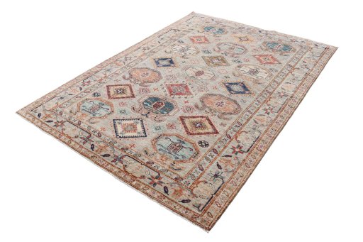 Corner detail of New Kazak rug showing border pattern and Wool pile