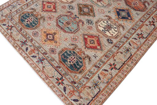 Full view of New Kazak rug from Pakistan, 240 × 170 cm in Multi Color tones