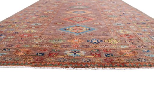 Corner detail of New Kazak rug showing border pattern and Wool pile