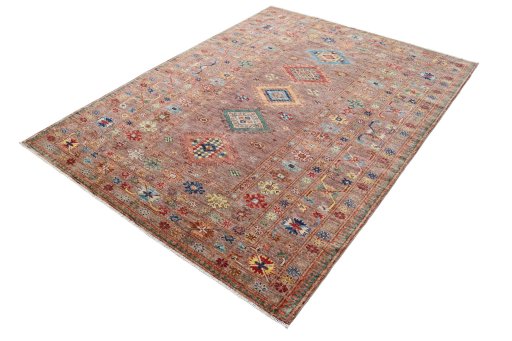 Corner detail of New Kazak rug showing border pattern and Wool pile
