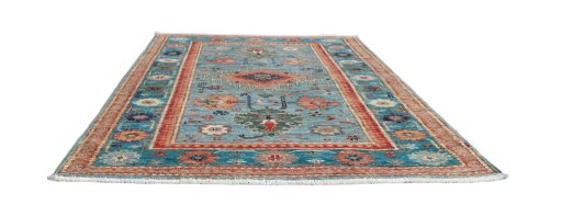 Corner detail of New Kazak rug showing border pattern and Wool pile