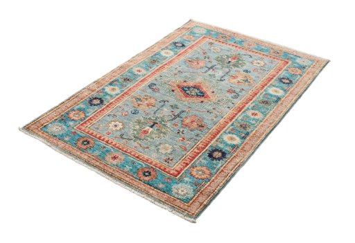 Corner detail of New Kazak rug showing border pattern and Wool pile
