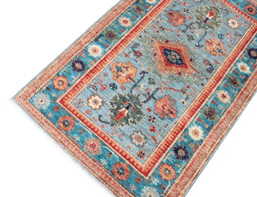 Full view of New Kazak rug from Pakistan, 126 × 81 cm in Blue tones