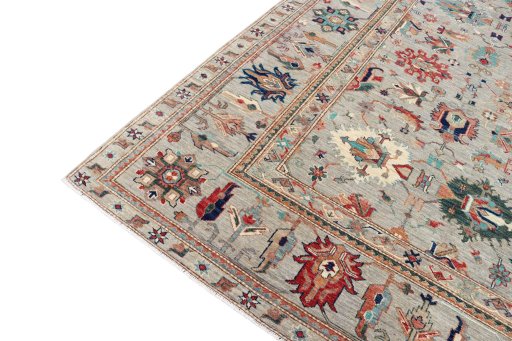 Full view of New Kazak rug from Pakistan, 381 × 279 cm in Beige tones