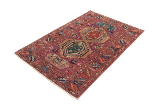 Corner detail of New Kazak rug showing border pattern and Wool pile