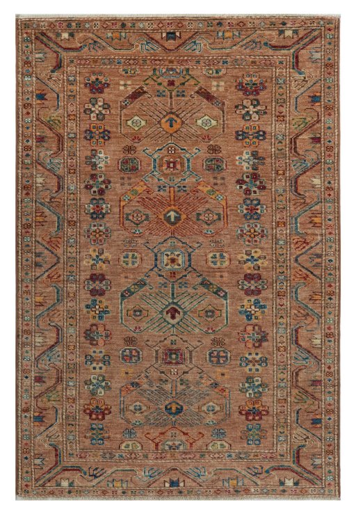 Full view of New Kazak rug from Pakistan, 152 × 101 cm in Beige tones