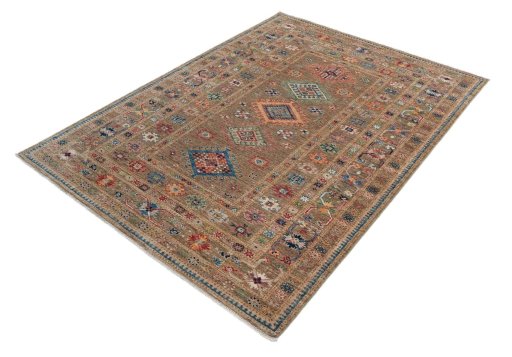 Corner detail of New Kazak rug showing border pattern and Wool pile