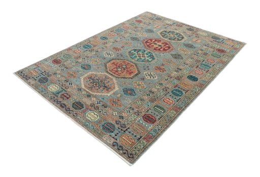 Corner detail of New Kazak rug showing border pattern and Wool pile