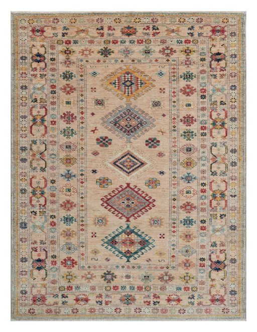 Full view of New Kazak rug from Pakistan, 197 × 150 cm in Beige tones