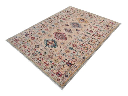 Corner detail of New Kazak rug showing border pattern and Wool pile