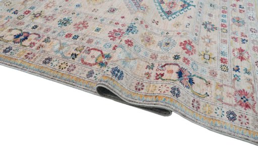 Full view of New Kazak rug from Pakistan, 197 × 150 cm in Beige tones
