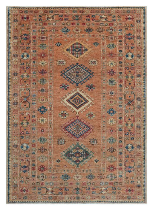 Full view of New Kazak rug from Pakistan, 210 × 149 cm in Yellow tones