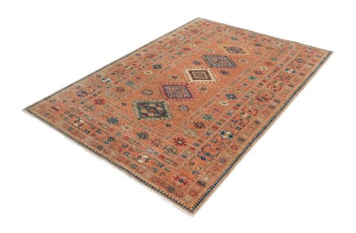 Corner detail of New Kazak rug showing border pattern and Wool pile