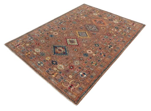 Corner detail of New Kazak rug showing border pattern and Wool pile