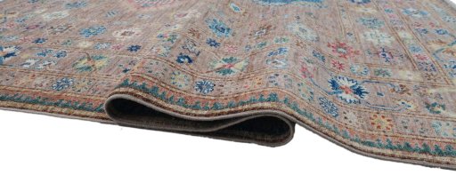 Full view of New Kazak rug from Pakistan, 200 × 149 cm in Beige tones