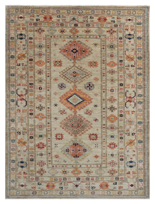 Full view of New Kazak rug from Pakistan, 197 × 143 cm in Beige tones