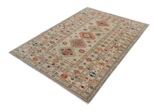 Corner detail of New Kazak rug showing border pattern and Wool pile