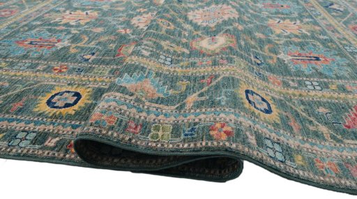 Full view of New Kazak rug from Pakistan, 243 × 169 cm in Green tones