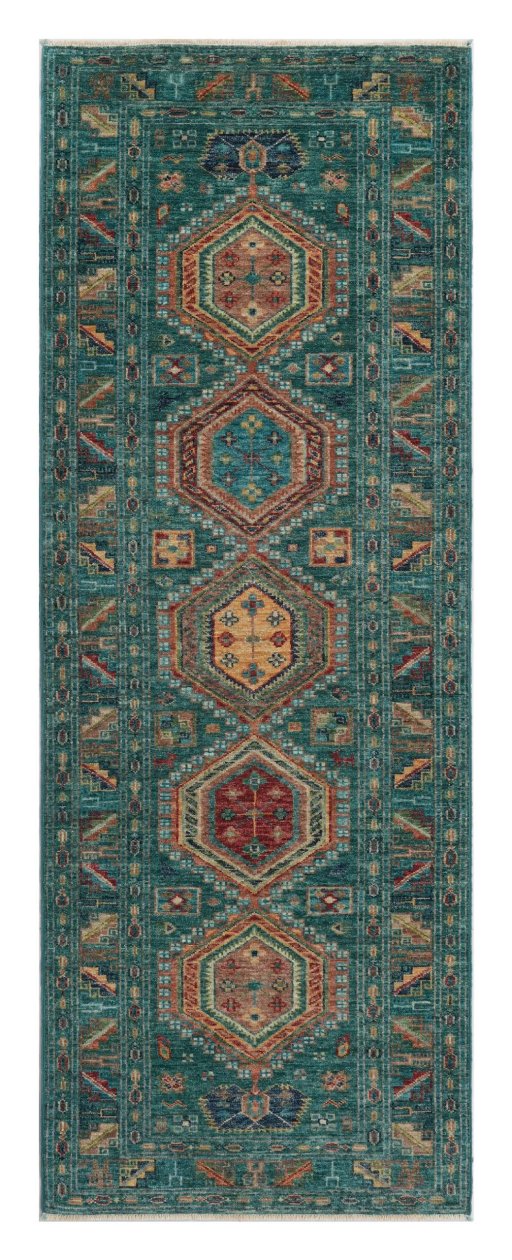 Full view of New Kazak rug from Pakistan, 209 × 74 cm in Green tones