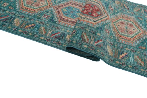 Full view of New Kazak rug from Pakistan, 209 × 74 cm in Green tones
