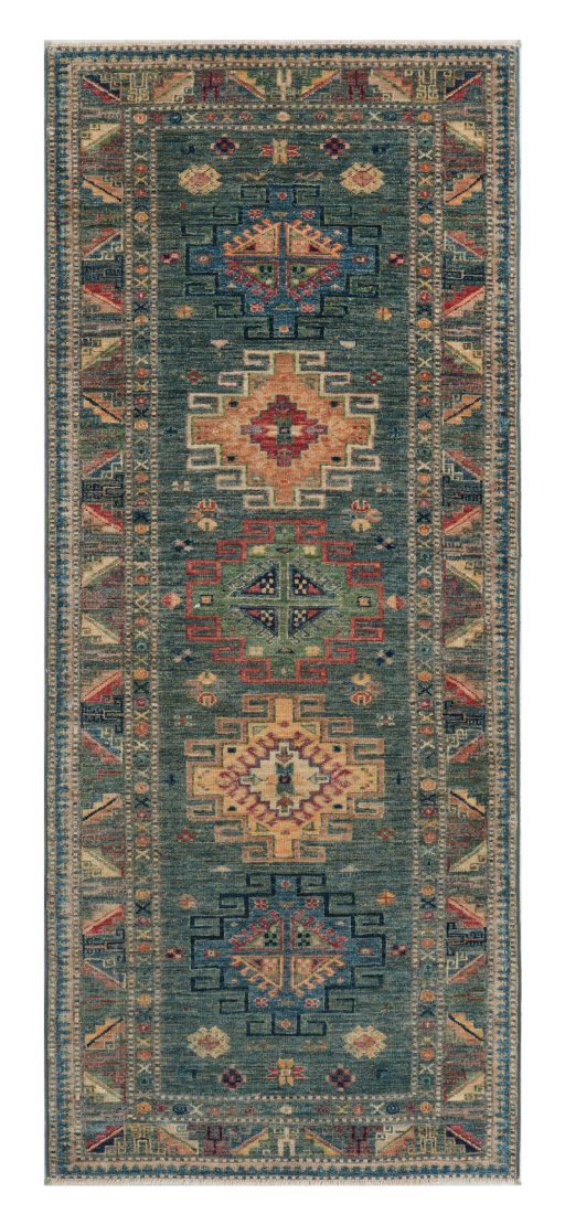 Full view of New Kazak rug from Pakistan, 206 × 83 cm in Green tones