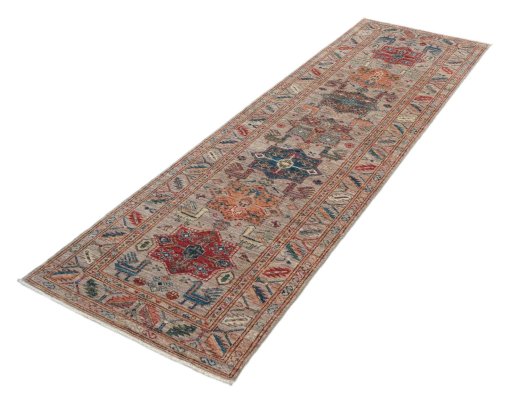 Corner detail of New Kazak rug showing border pattern and Wool pile