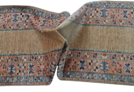 Full view of New Kazak rug from Pakistan, 296 × 81 cm in Beige tones