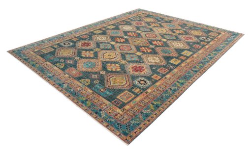 Corner detail of New Kazak rug showing border pattern and Wool pile
